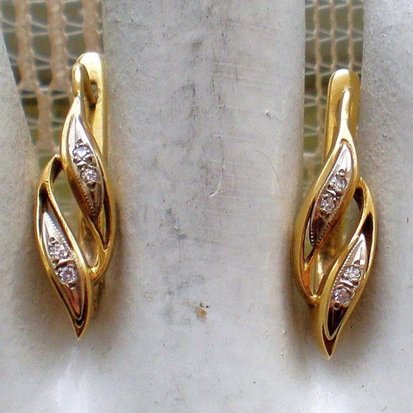Vintage Original Soviet USSR Solid 18K 750 Yellow White Gold Diamond Earrings - Picture 1 of 7